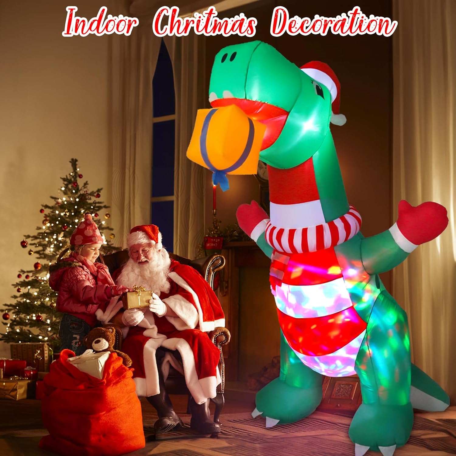 Inflables de Navidad de 8 pies para decoración al aire libre, dinosaurio inflable de Navidad, decoración de patio con sombrero de Navidad y caja de