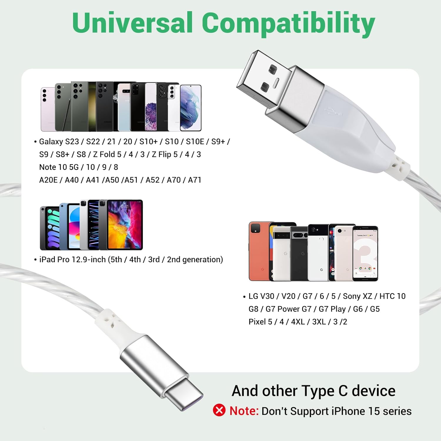 Aolcev Cable USB C con luz de 5 pies, cable USB A a USB C de 120 W, cargador tipo C, cable de carga rápida para MacBook Samsung Galaxy S24 S23 S22
