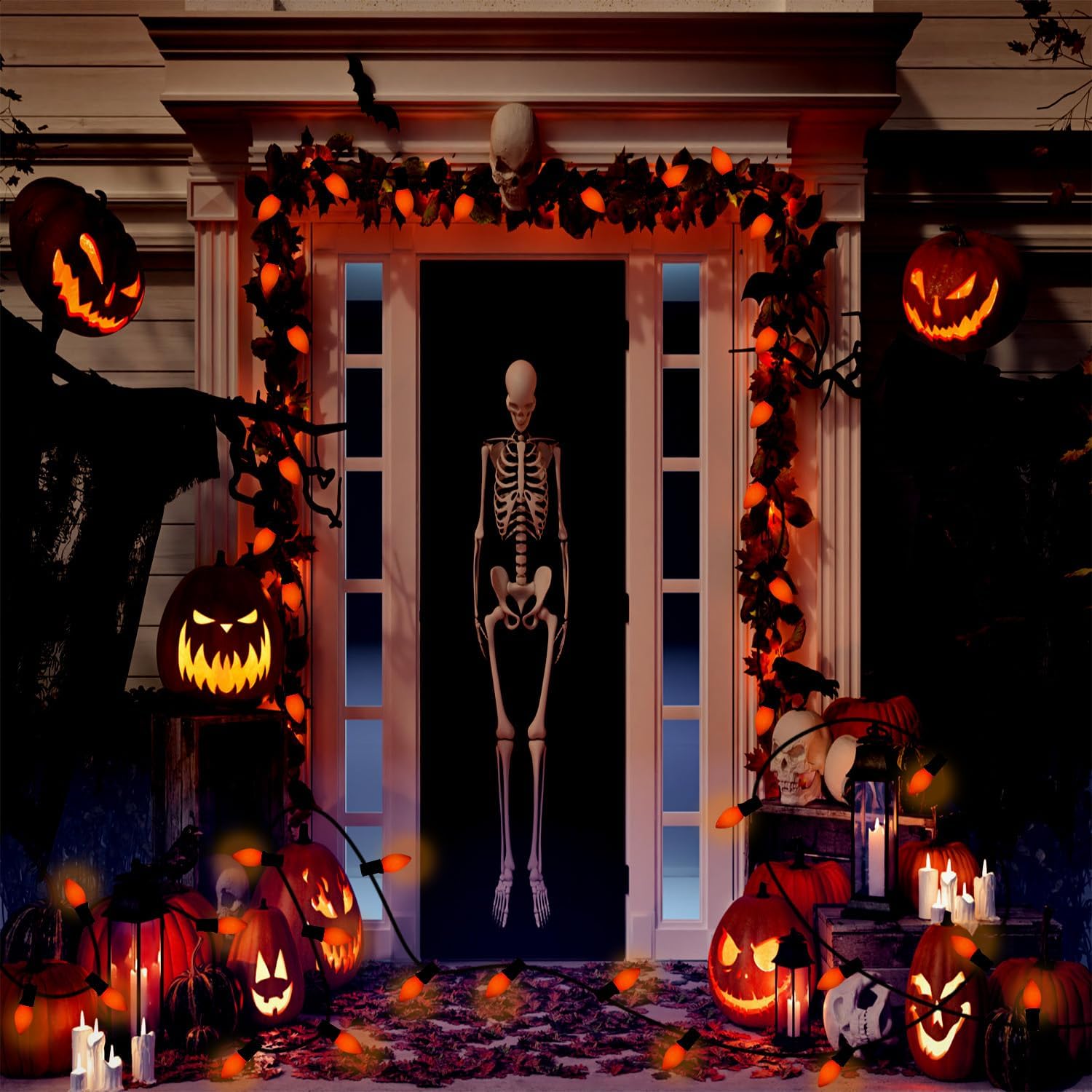 Luces LED C7 de Halloween, 25 pies, de cerámica, color naranja, luces de Halloween para interiores y exteriores con 25 bombillas LED C7, ideal como