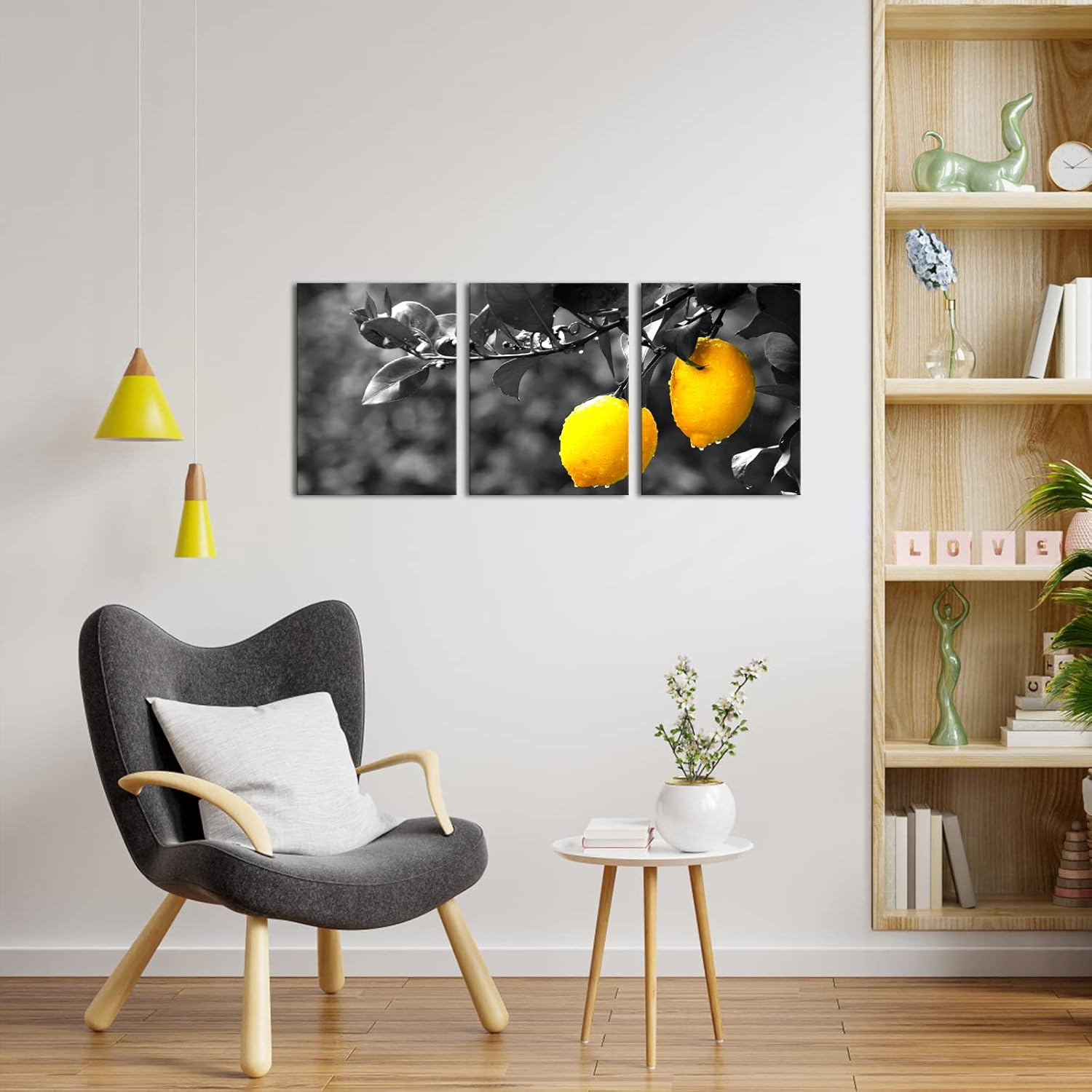 Nachic Wall Lienzo de cocina de 3 piezas, arte de pared de limón fresco, póster de frutas, arte moderno en blanco y negro, amarillo para decoración