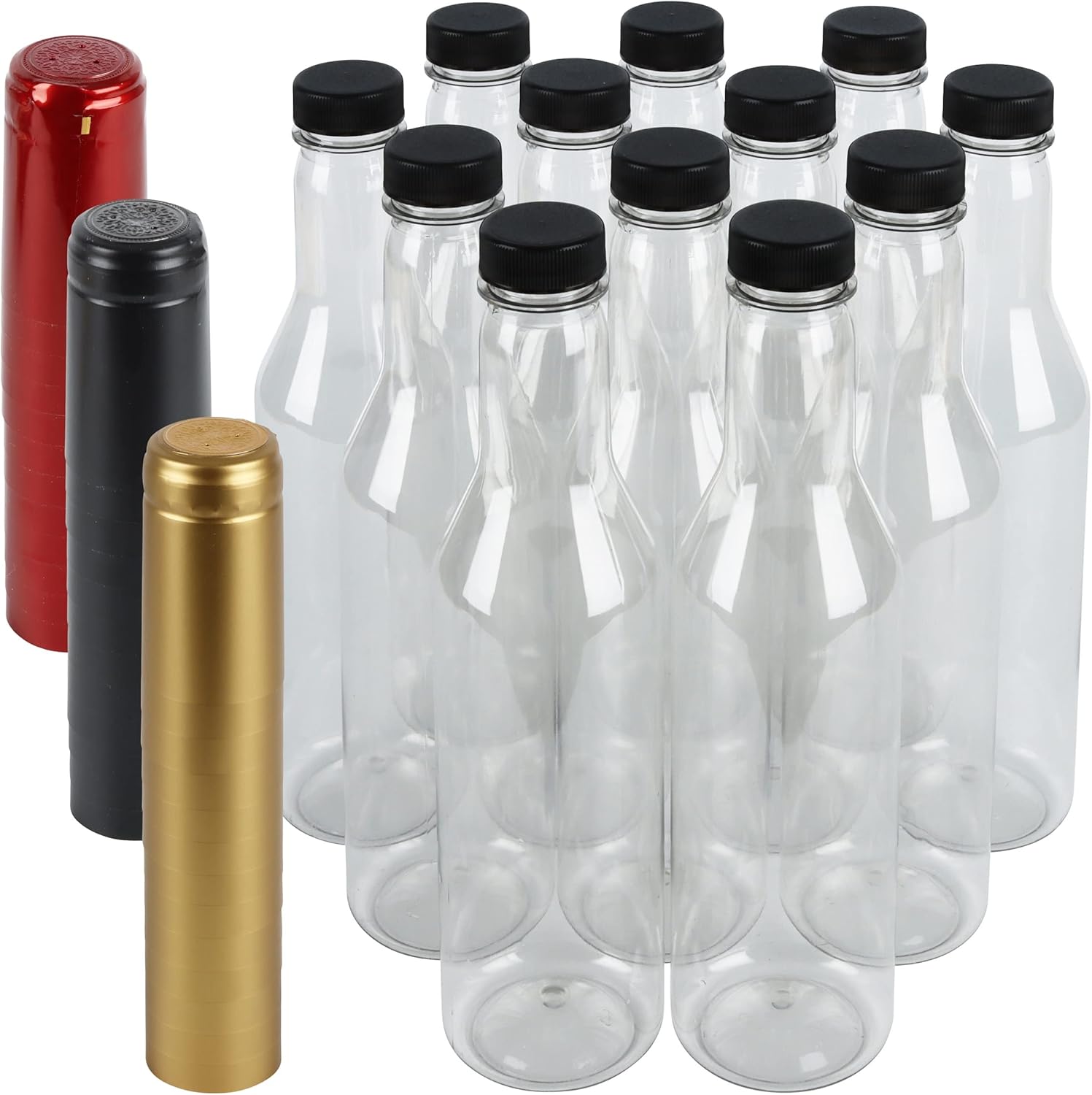 Pellah PET botellas y tapas de plástico, 12 onzas, 12.7 fl oz con cierres y sellos retráctiles dorados para salsa picante, vino y alcohol