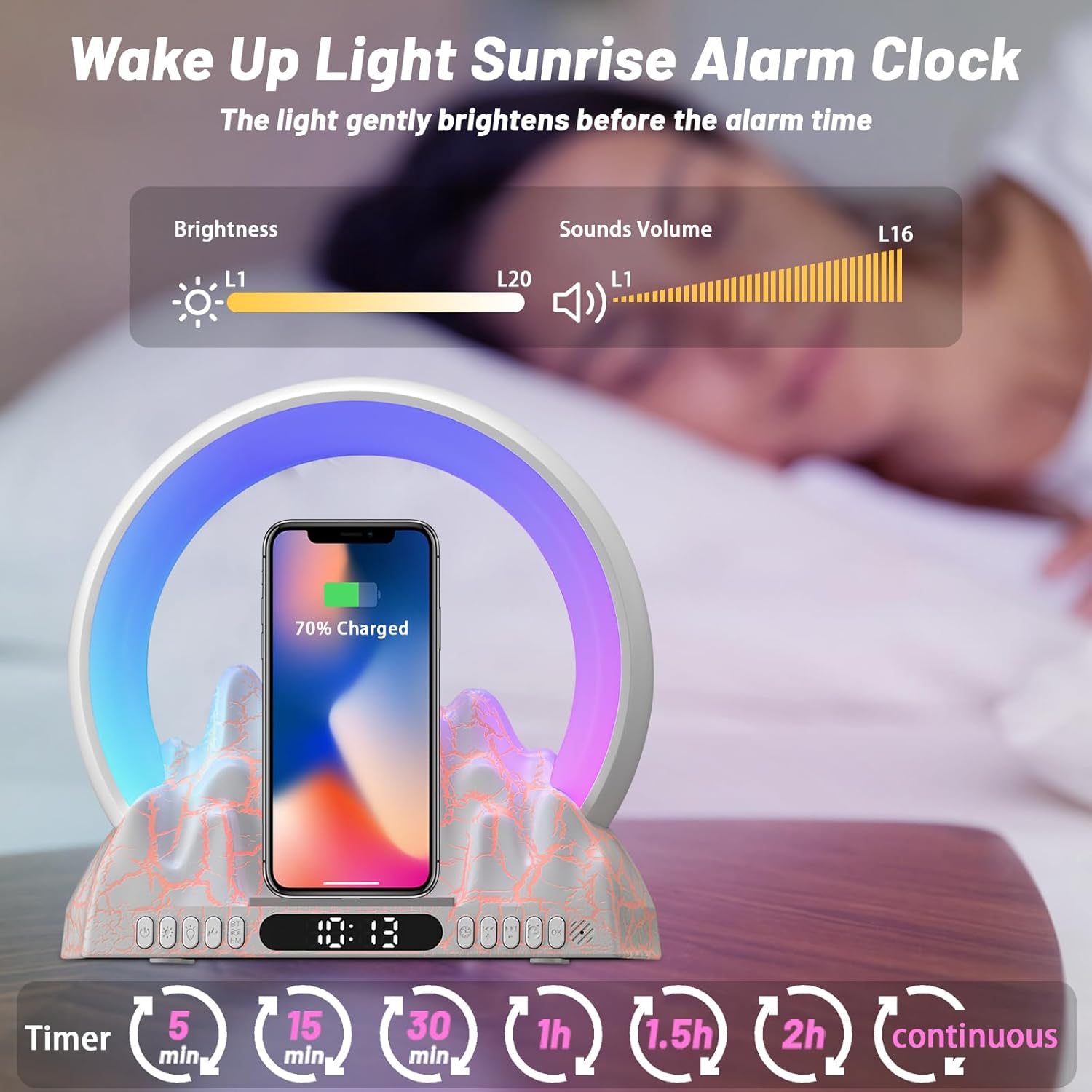 Reloj despertador Sunrise con luz de despertador, reloj despertador de luz inteligente con carga inalámbrica y 16 millones de colores, 10 altavoces