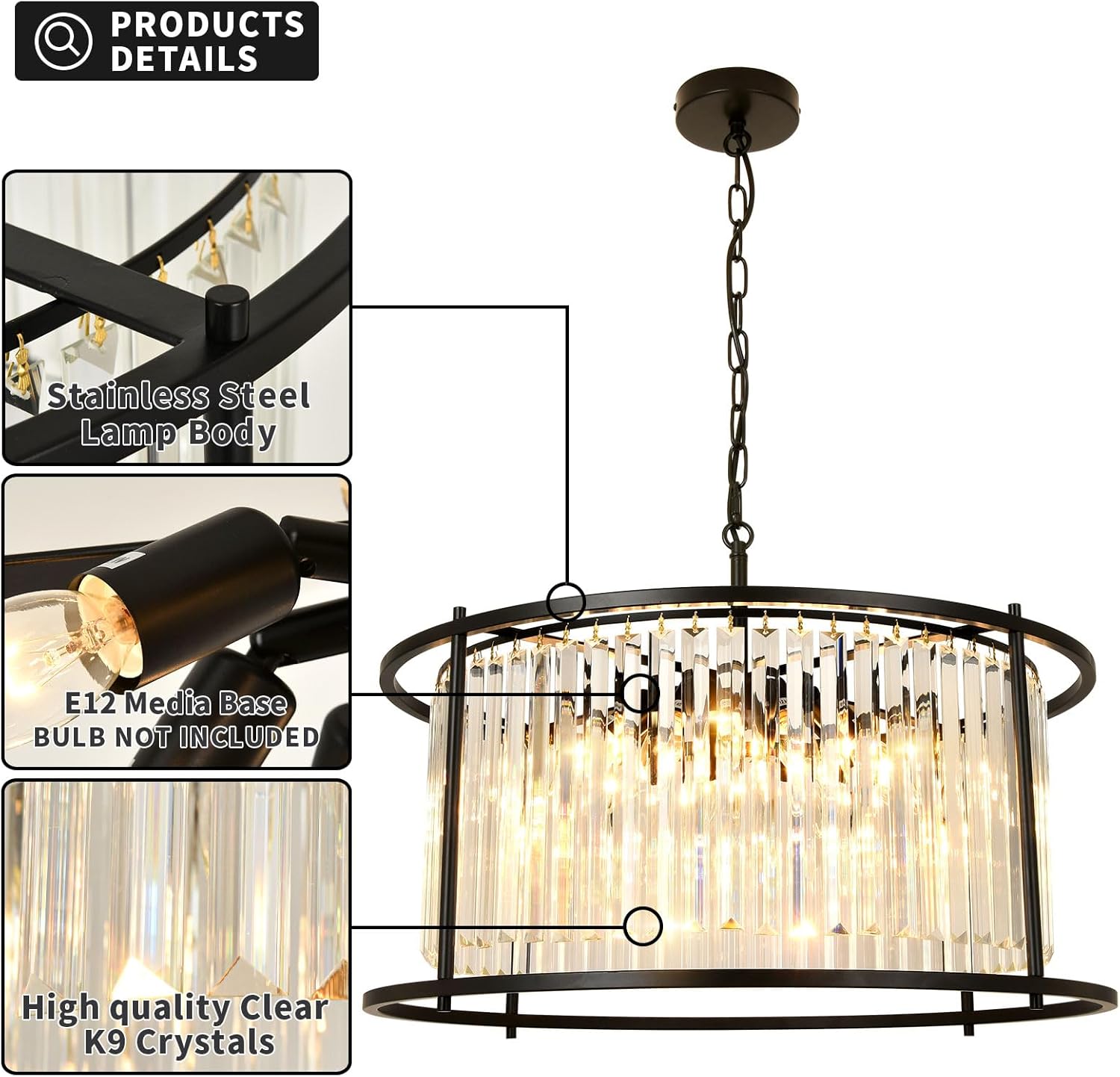 Lámpara de araña de cristal negro, lámpara colgante negra, lámpara redonda de 8 luces, lámparas de techo para comedor, sala de estar, dormitorio,