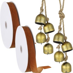 Zonon 2 juegos de 4 campanas vintage de hierro, campanas de viento colgantes de Navidad con cuerda y 2 rollos de 38 pulgadas x 10 yardas, cinta de Zonon 2 juegos de 4 campanas vintage de hierro, campanas de viento colgantes de Navidad con cuerda y 2 rollos de 38 pulgadas x 10 yardas, cinta de