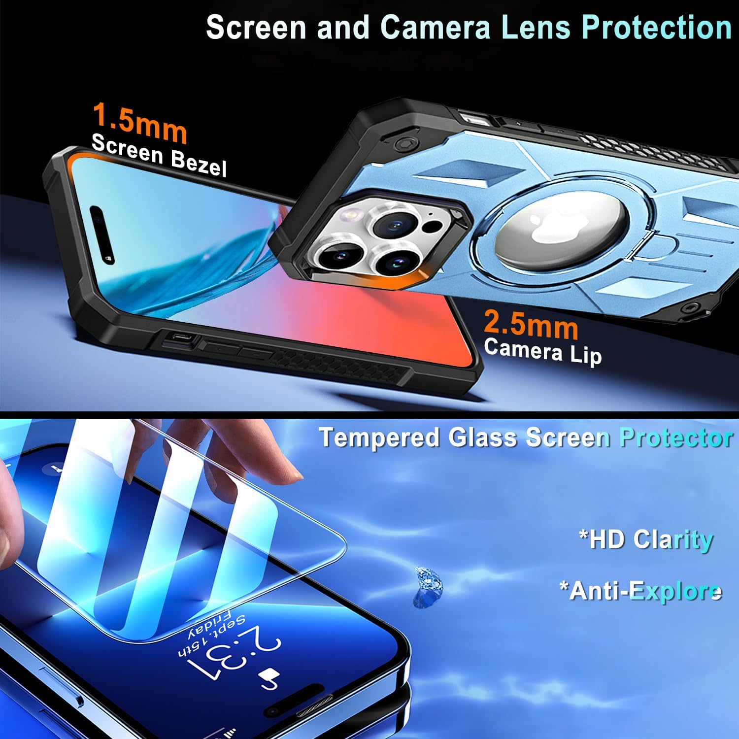 WATEFULL Funda MagSafe compatible con iPhone 15 Pro, anillo magnético plegable invisible, a prueba de golpes, funda protectora brillante de doble