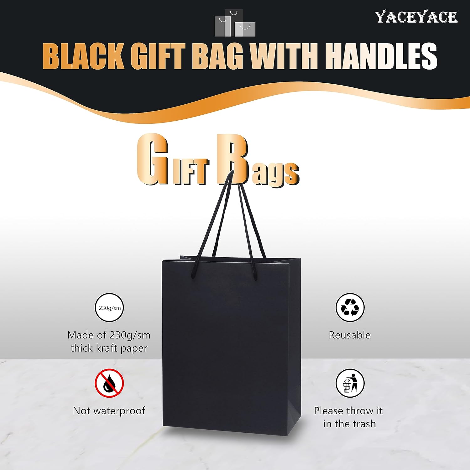 YACEYACE Bolsas de regalo negras de tamaño mediano, 10 unidades de 8 x 4.25 x 10 pulgadas, bolsas de regalo negras medianas con asas de cinta,