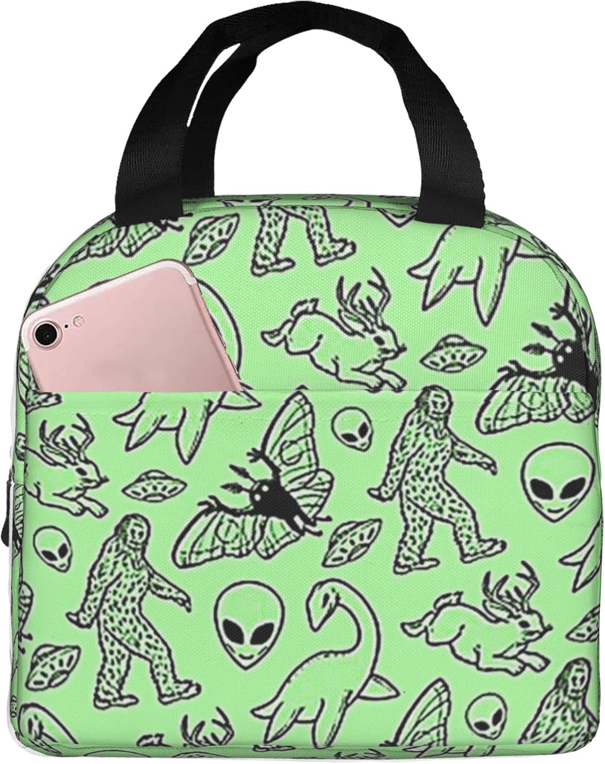 Bolsa de almuerzo portátil para alienígenas, dinosaurios salvajes, verde, aislada, a prueba de fugas, compras de comestibles, campamento, viajes por