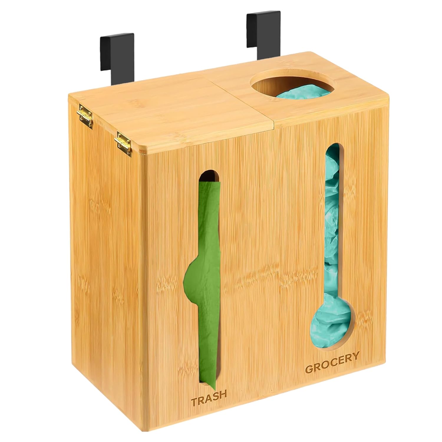 Dispensador de bolsas de basura 2 en 1 y soporte para bolsa de comestibles  Montado en la pared de bambú  Organizador de bolsas de basura y soporte