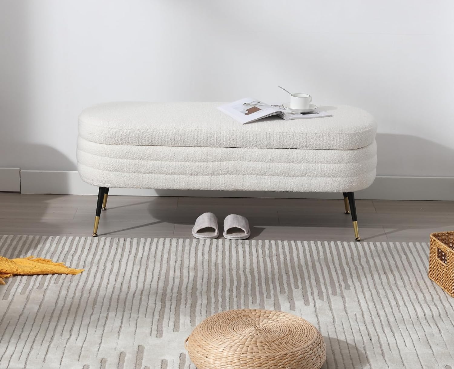 EALSON Banco de almacenamiento moderno, banco otomano de almacenamiento Sherpa con patas de metal tapizado para dormitorio, extremo de cama, banco