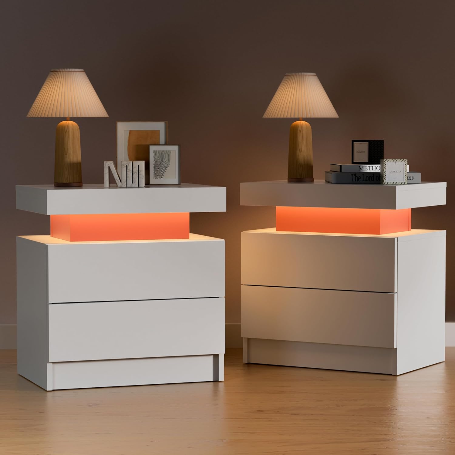 DobleCliCli Juego de 2 mesas auxiliares LED, moderna mesita de noche con 3 luces LED y 2 cajones, muebles LED para dormitorio, sala de estar y sala