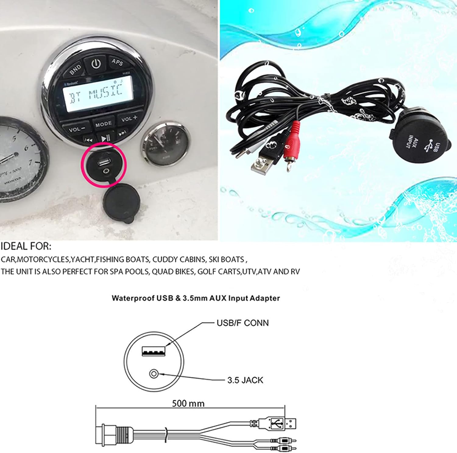 Boat Marine Audio System Stereo Receiver Paquete de altavoces – MP3 USB AM FM Radio marina impermeable con altavoz marino negro de 4 pulgadas y