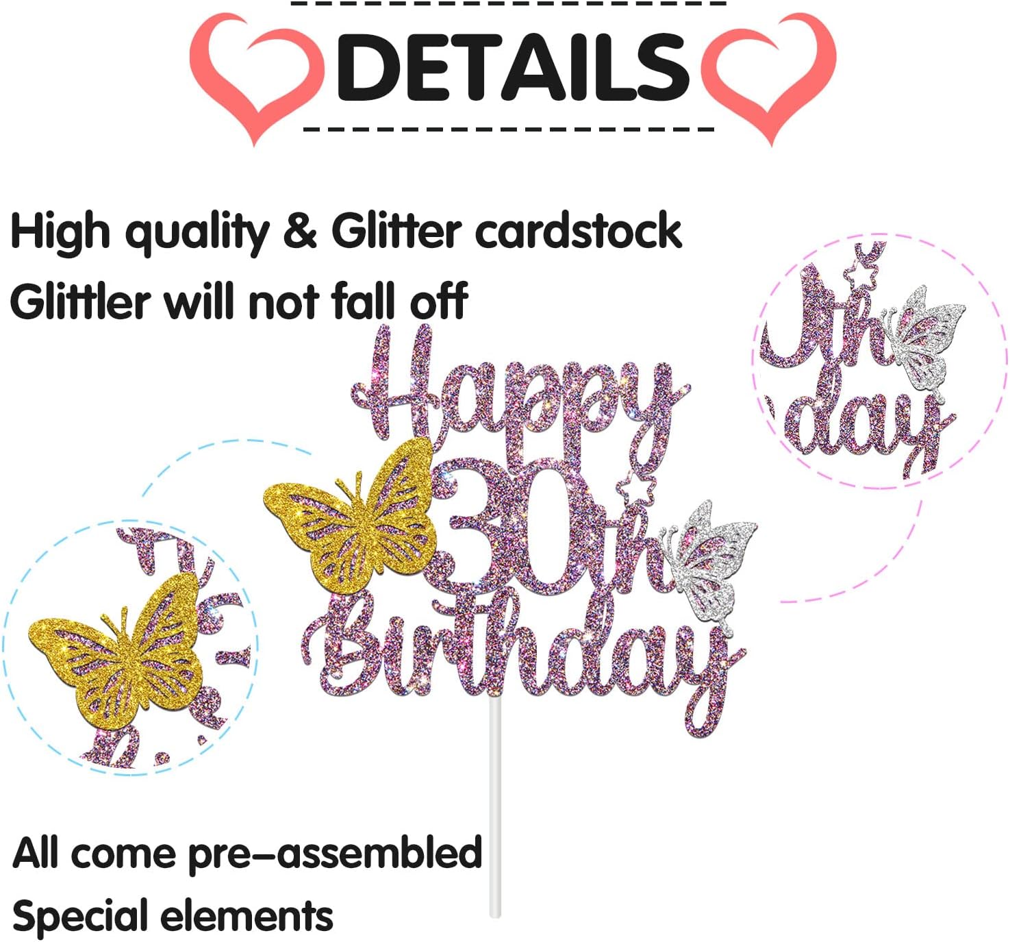 Decoración para tarta de cumpleaños de 30 años con purpurina morada, decoración de pastel de mariposa 30, decoración para tartas de cumpleaños de 30