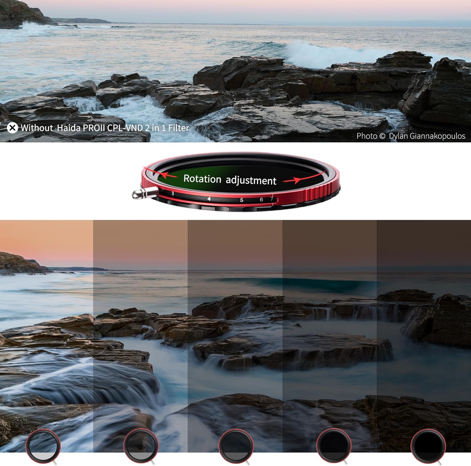 Haida 2.638 in VND+CPL 2 en 1 ND8-ND128 Filtro ajustable (3-7 paradas) para lente de cámara, polarizador de nanorrevestimiento múltiple + filtro de