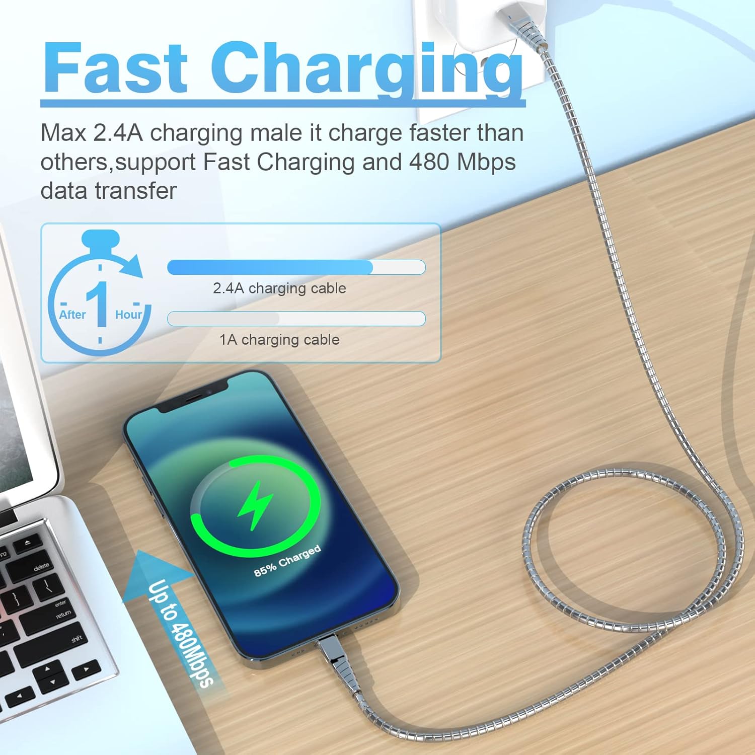 Cable de carga trenzado de metal para iPhone con certificación MFi de Apple, 6.6 pies, resistente cable Lightning de acero inoxidable 304, cable