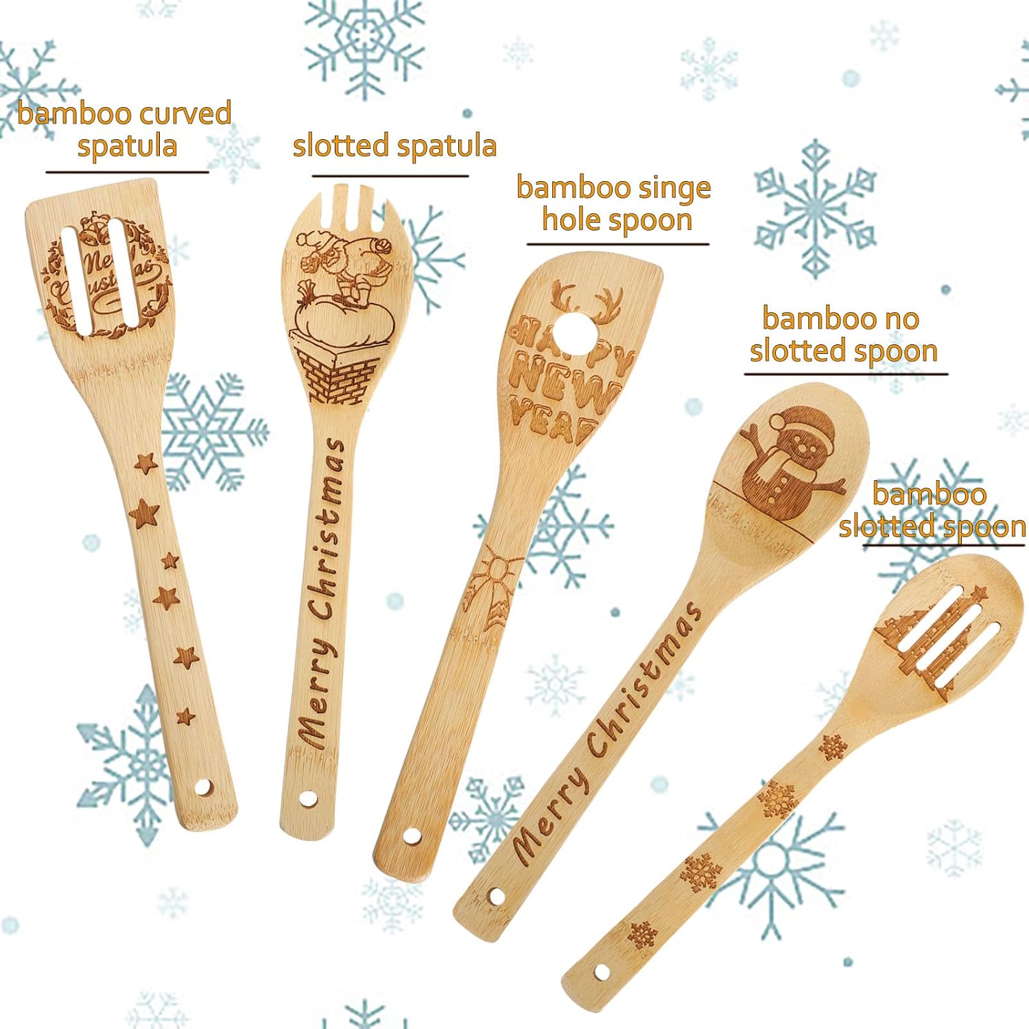Juego de 5 cucharas de madera de Navidad, utensilios de cocina quemados, cuchara de Navidad, decoración de cocina para regalo de Navidad,