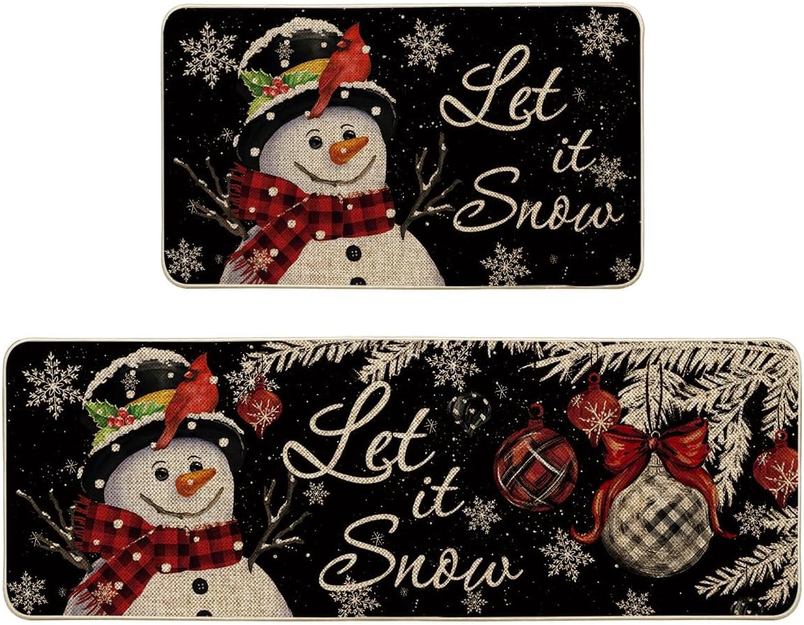 Artoid Mode Juego de 2 tapetes de cocina de Navidad con diseño de muñeco de nieve y copo de nieve negro, decoración del hogar, alfombras de cocina