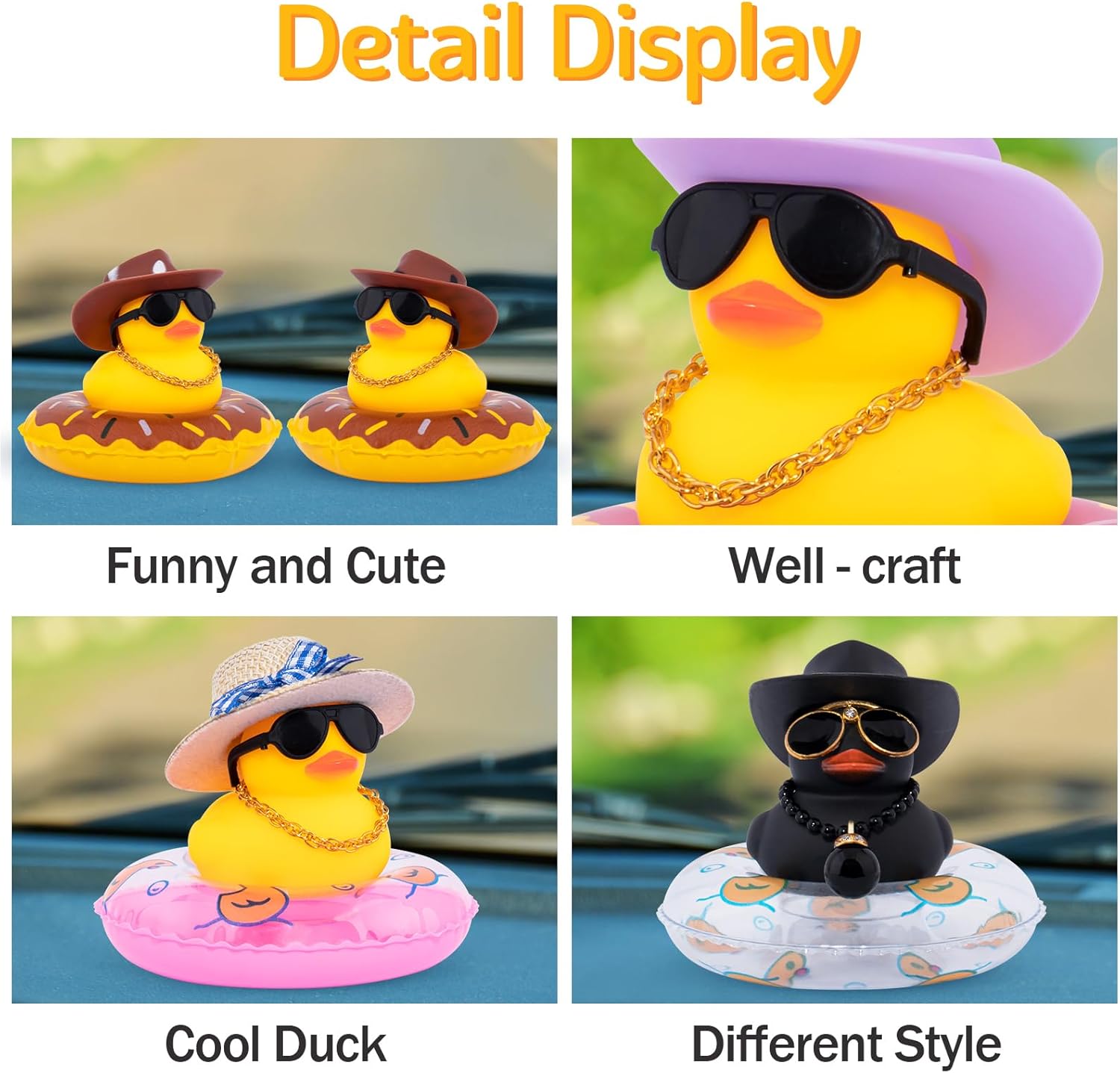 wonuu Pato de goma para automóvil, decoración de pato amarillo con sombrero de sol, anillo de natación, collar de gafas de sol para decoración de