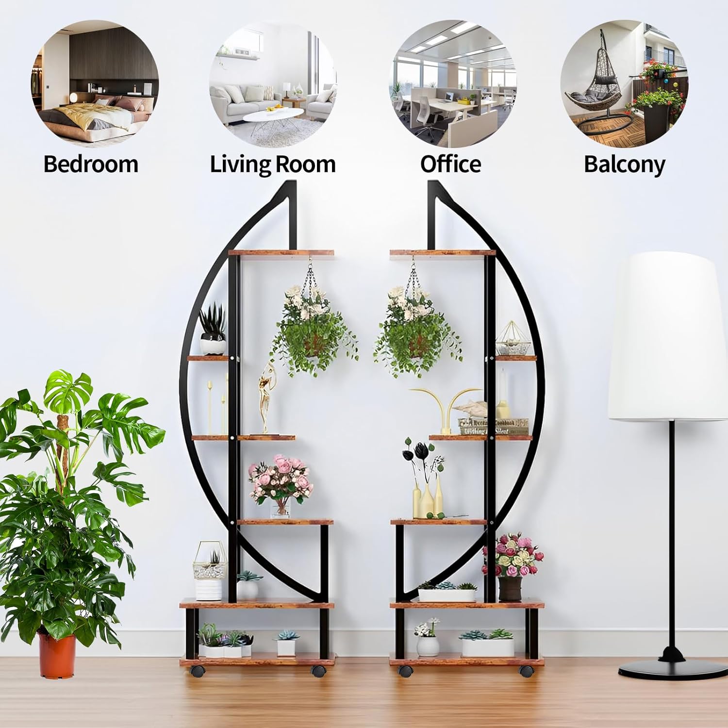 homegroove 2 soportes de metal de 6 niveles altos para plantas de interior con luz de crecimiento, estante grande en forma de media luna y ruedas