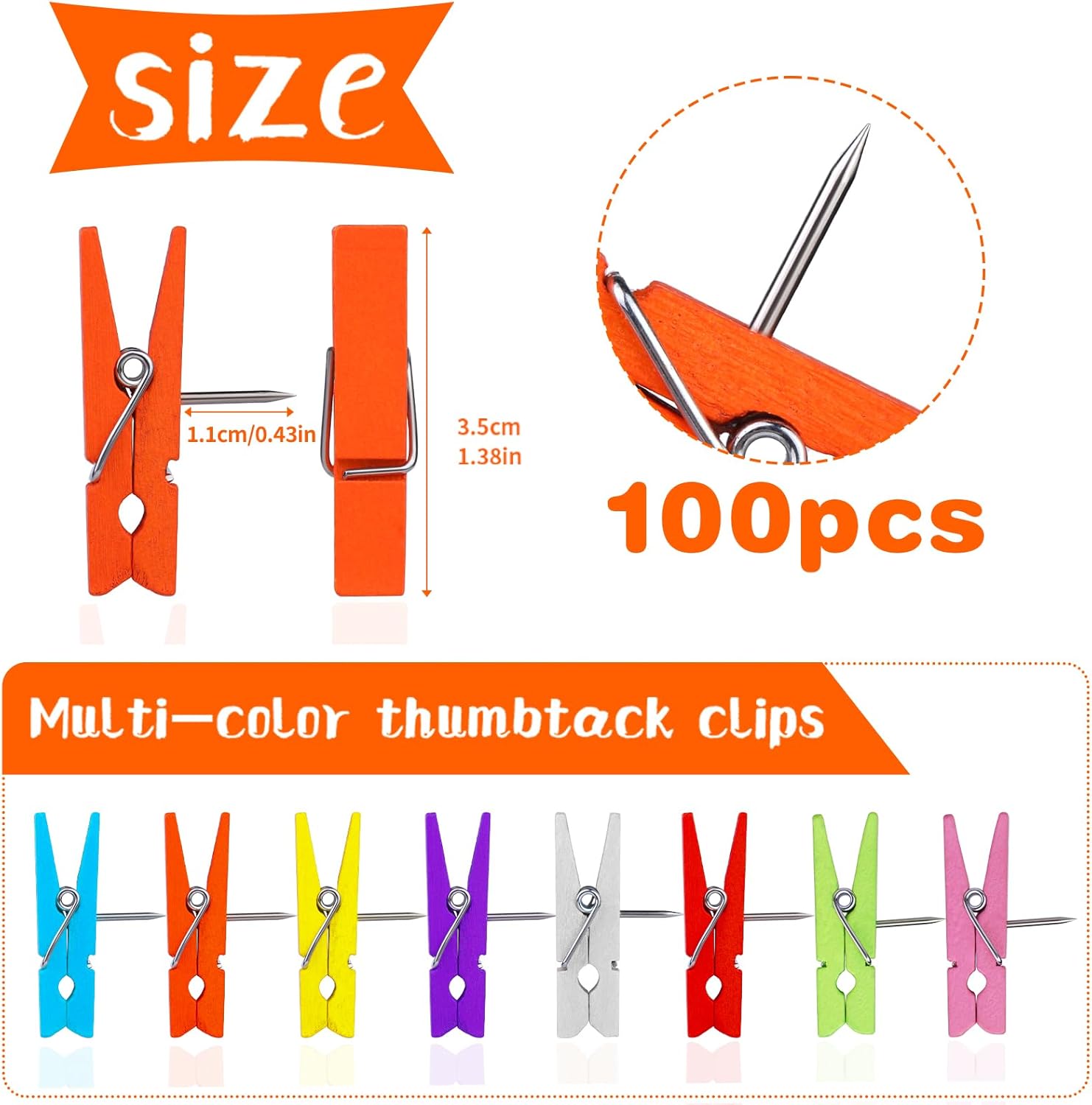 Pinzas de empuje coloridas, tachuelas para el pulgar con clips de madera, 100 pines para tablero de corcho, decoraciones de tablones de anuncios,