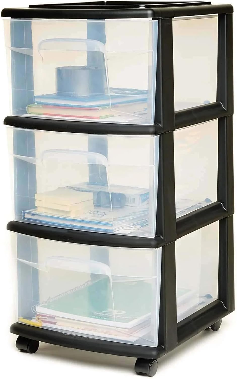 Homz Contenedor de plástico con 3 cajones transparentes medianos para organización del hogar con 3 cajones grandes con ruedas extraíbles, marco