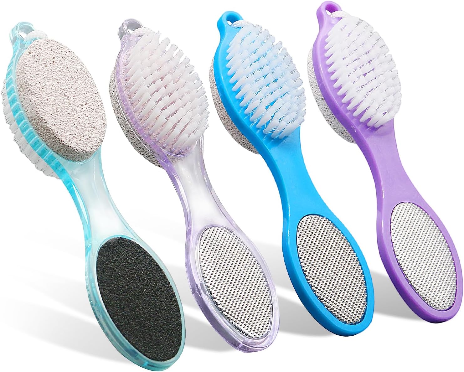 Cepillo de pies y piedra pómez  Paquete de 4 cepillos de pies para ducha, 4 en 1, lima de pedicura para el cuidado de los pies, morado y azul