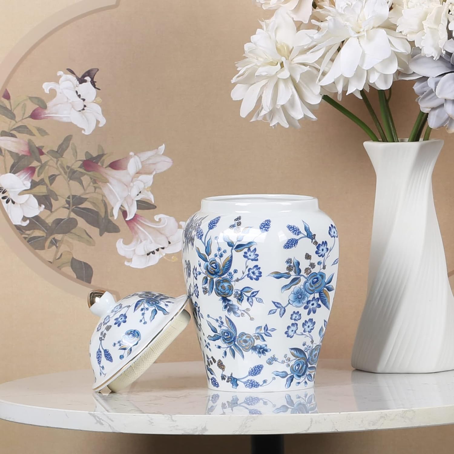 XINGYAN Chinoiserie – Juego de 2 tarros de jengibre, porcelana china azul y blanca, tarro de almacenamiento decorativo para el hogar con tapa (juego