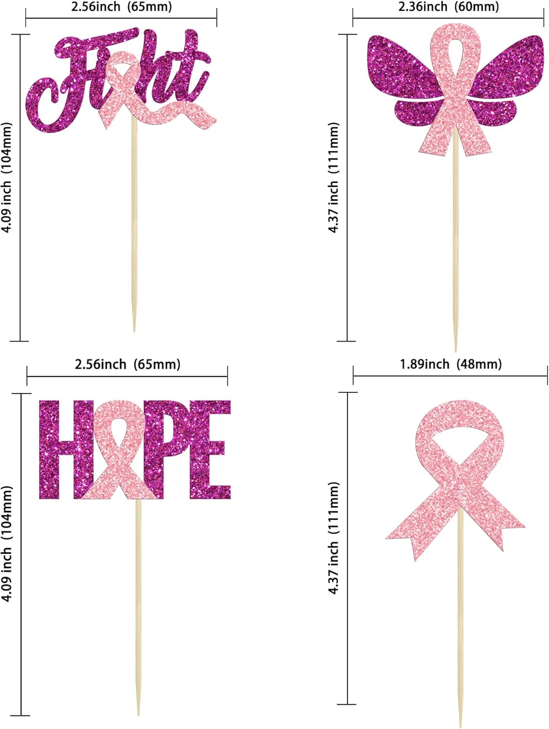 Gyufise 24 piezas de adornos para cupcakes con purpurina para concientización sobre el cáncer de mama, mariposa, lucha, esperanza, beliveve, cinta