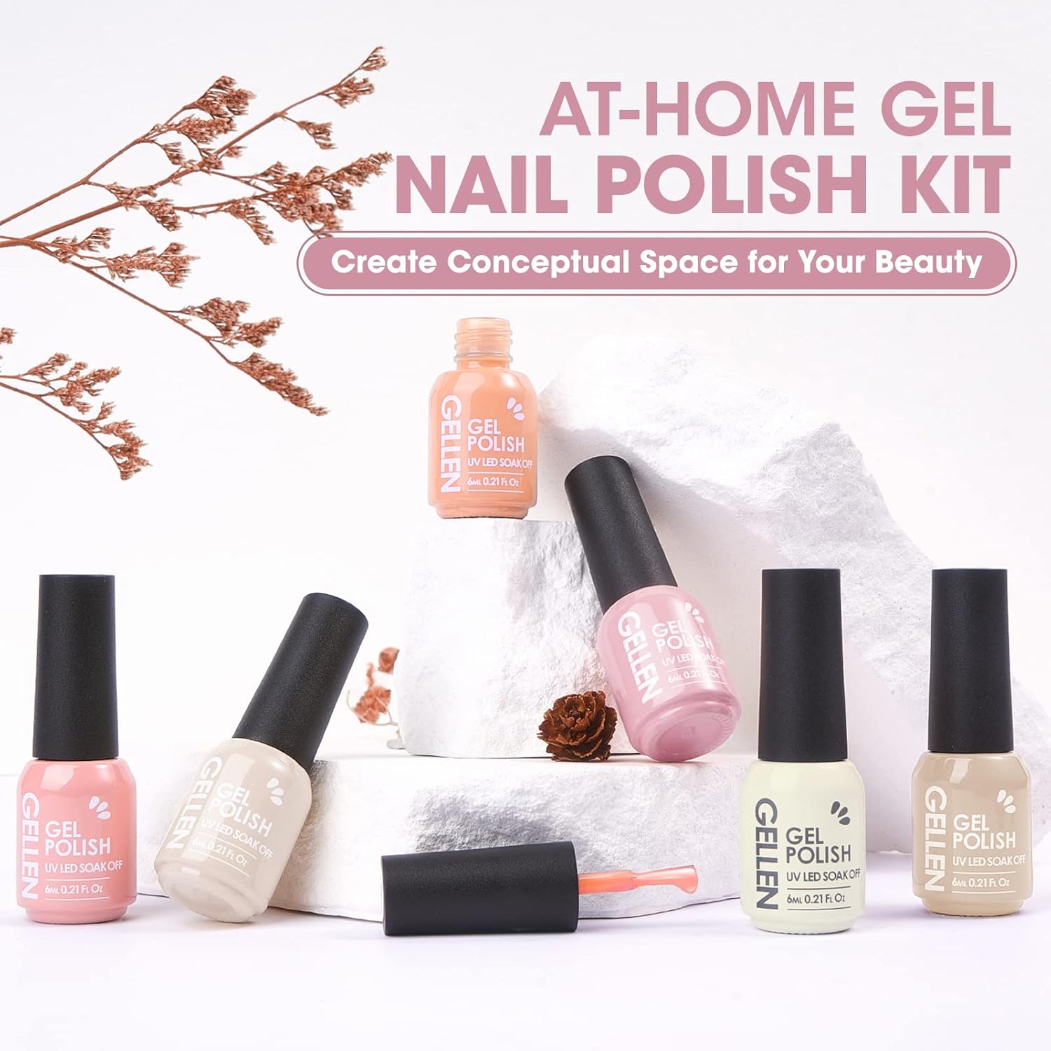 Gellen Kit de esmalte de uñas de gel, 6 colores, juego de esmalte de uñas de gel transparente lechoso con lámpara de uñas de 36 W, kit de iniciación