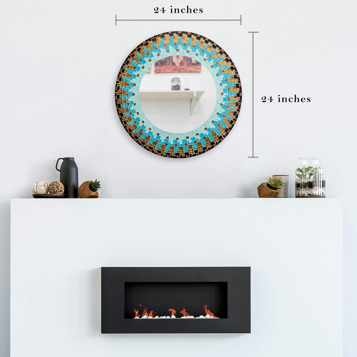 Espejo de mosaico, decoración artística de pared, espejo de pared decorativo hecho a mano, turquesa, marrón, gris oscuro y espejo de mosaico de