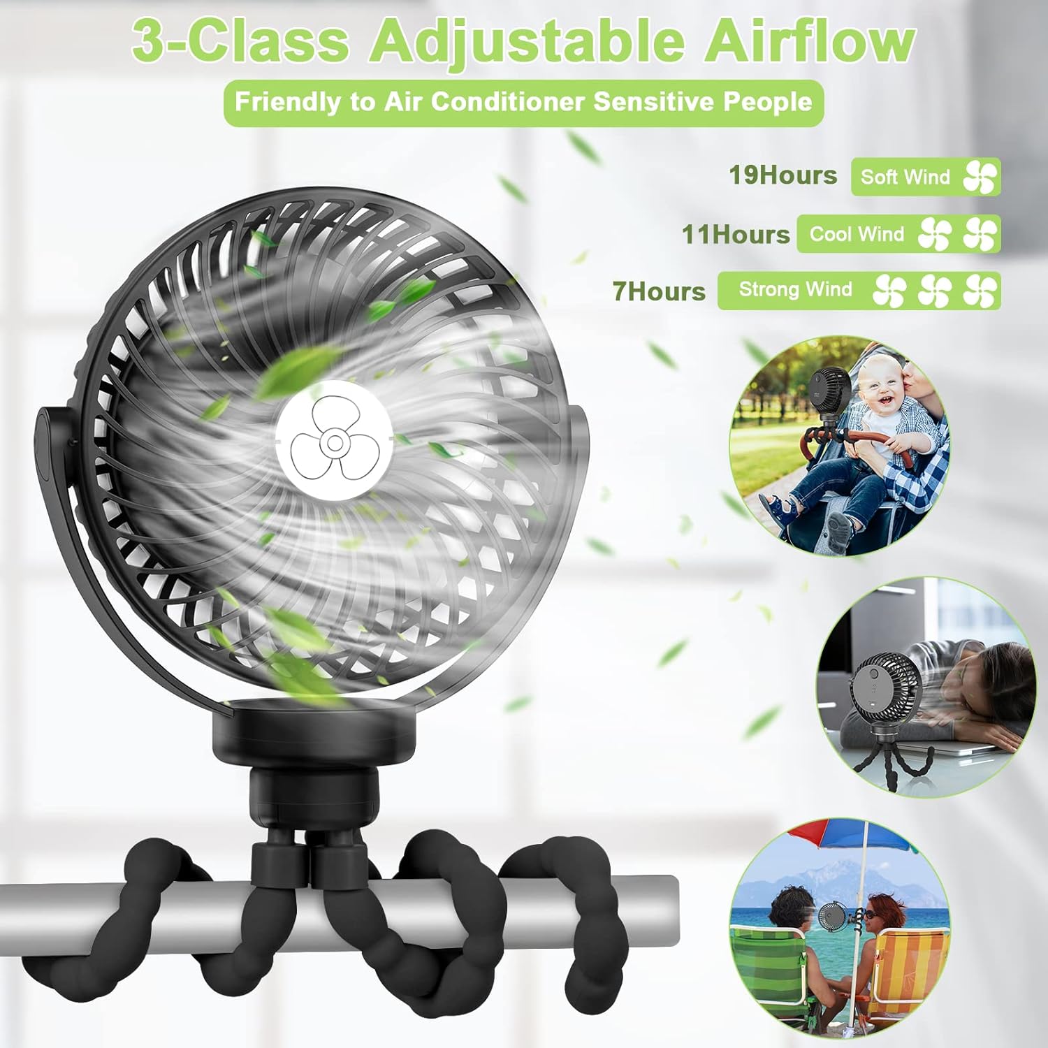 VASG Ventilador de cochecito a pilas, mini ventilador de mano con clip con trípode flexible, ventilador de bebé alimentado por batería, ventilador