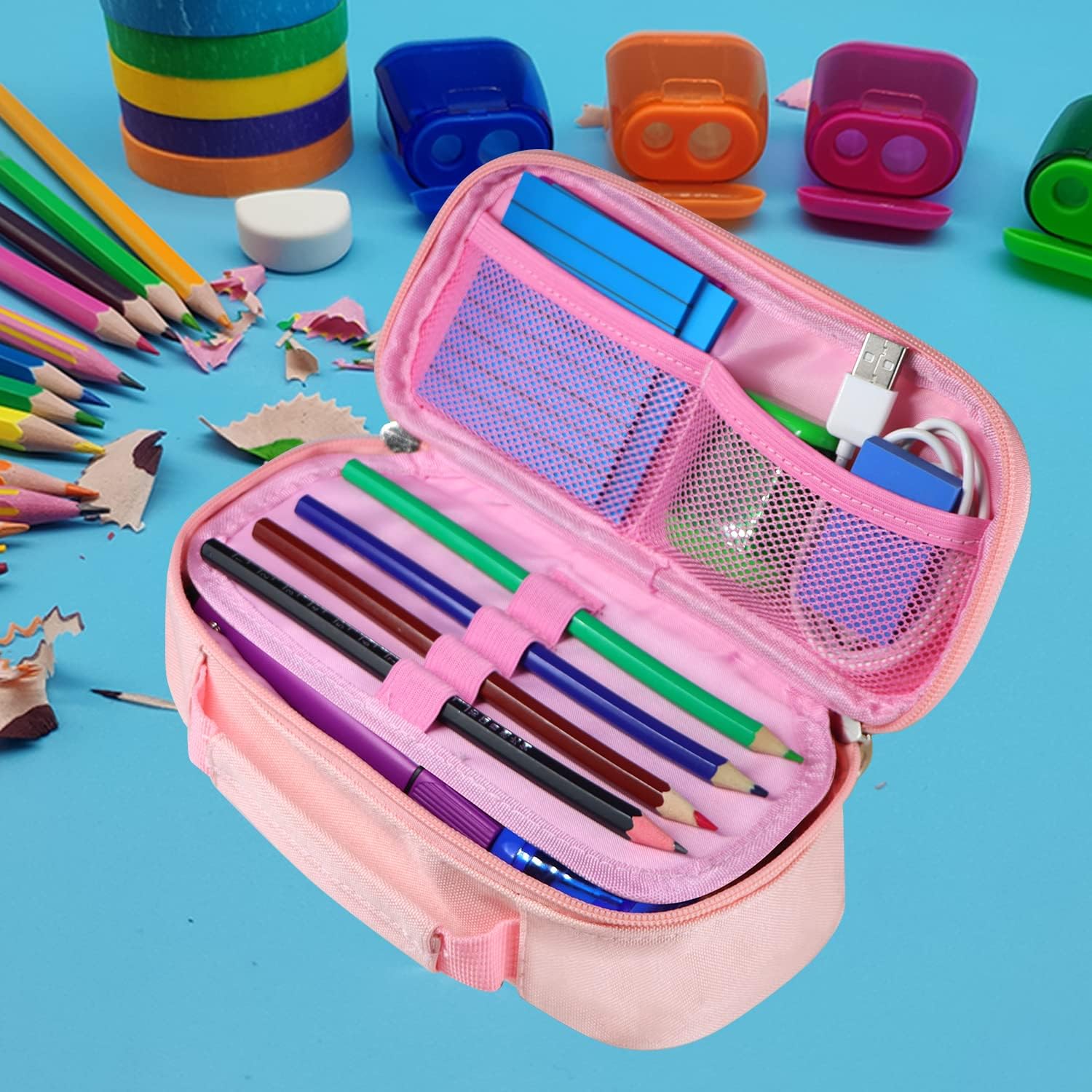 Estuche organizador portátil de color rosa para lápices, de gran capacidad, para adultos, adolescentes y estudiantes, ideal para uso en la oficina y