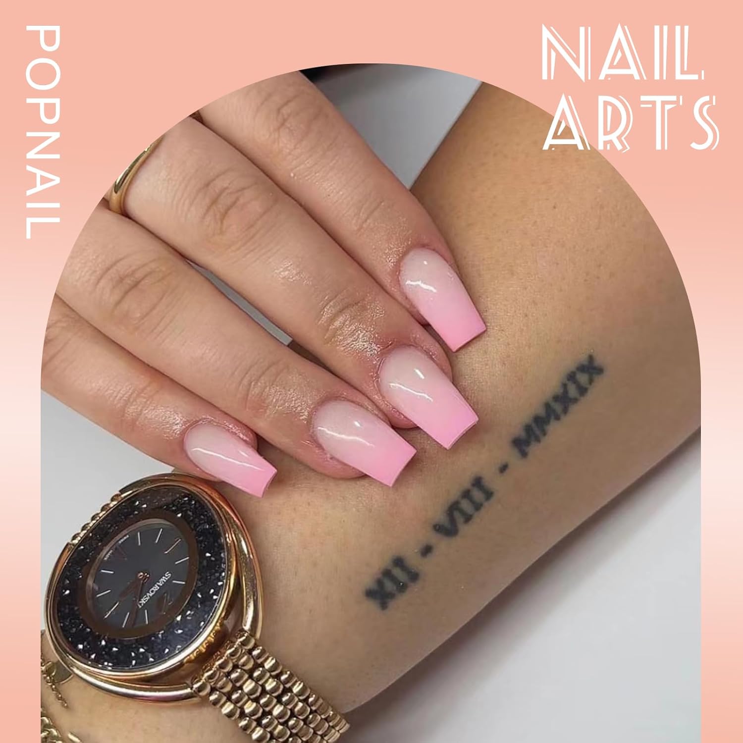 Uñas postizas a presión con forma de ataúd de color rosa degradado, medianas, uñas postizas con pegamento, reutilizables, 24 unidades, 12 tamaños,