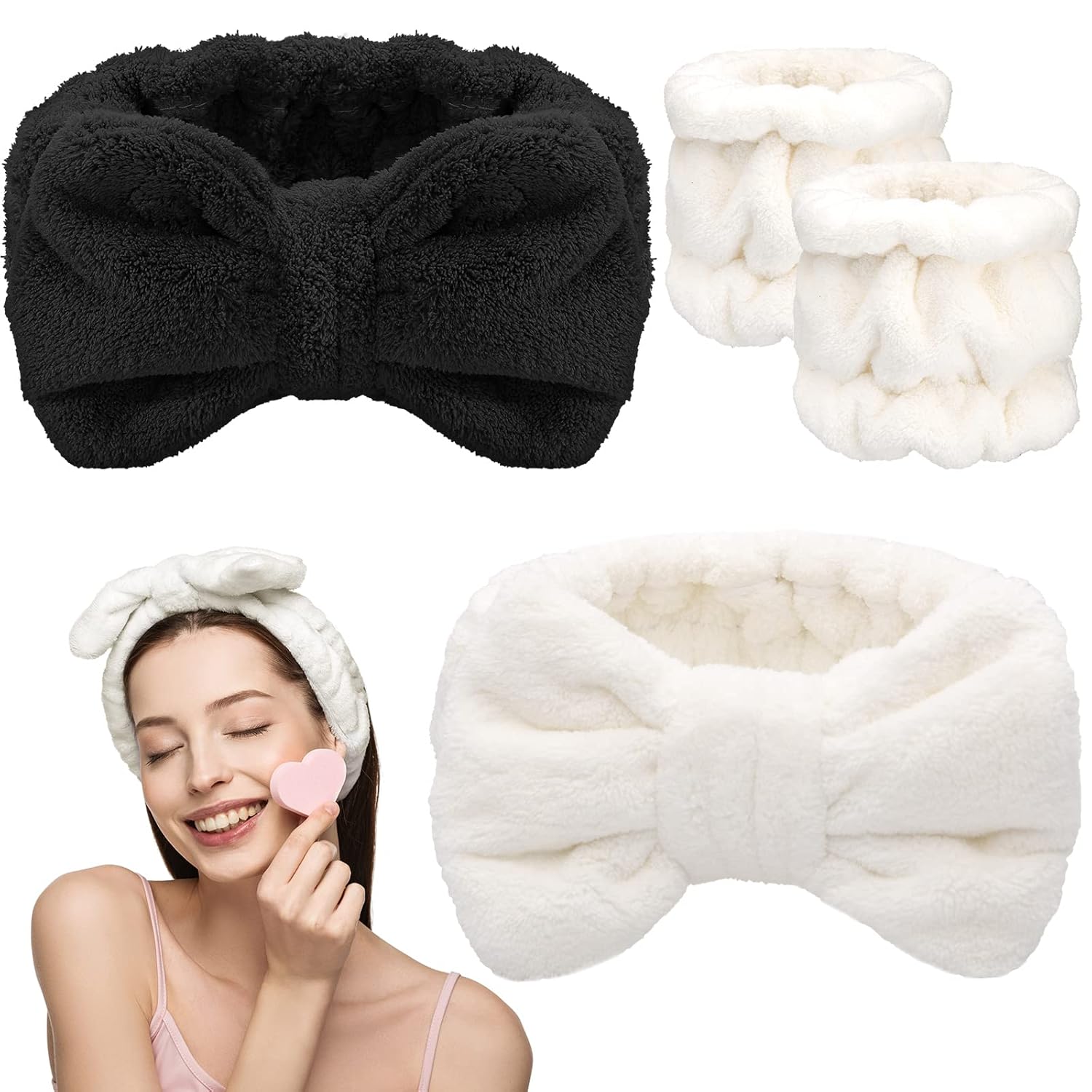 Chuangdi 4 diademas de microfibra para spa y muñequeras para lavar la cara, puños de toalla, diademas para el cabello, puños para lavado de cara