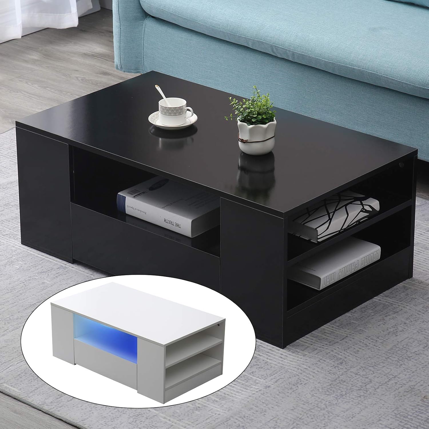 Fichiouy Moderna mesa auxiliar de 37 pulgadas con cajón, mesa rectangular con luz LED para sala de estar, blanconegro (mesa auxiliar negra de alto