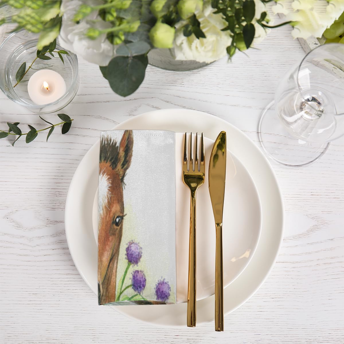 Cloth Napkins Set of 6 Floral Horse 20×20 Inch Cloth Napkins Horse and Kitten Washable Reusable Kitchen Dinner Napkins Table Decor for Wedding,