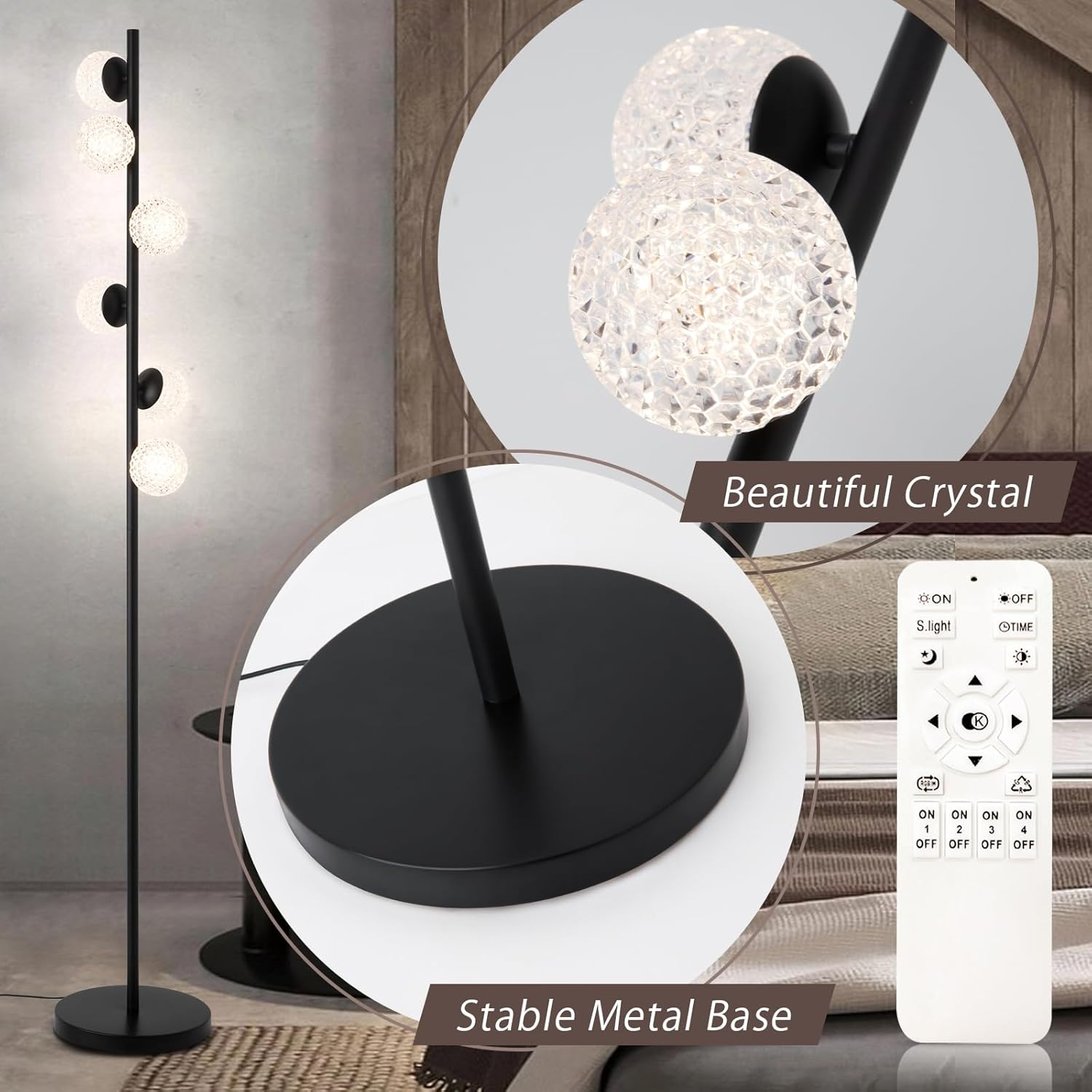 ADISUN Globe Crystal – Lámpara de pie moderna para dormitorio, lámpara de pie regulable de 6 cabezales para sala de estar, comedor, dormitorio,