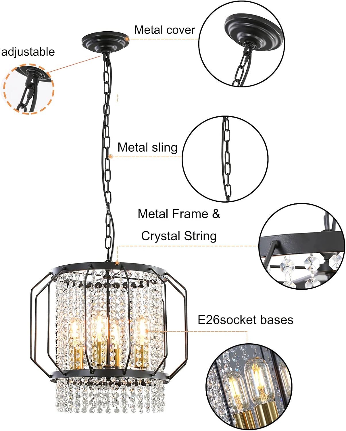 Lámpara colgante de cristal de metal negro con 4 luces, lámpara de techo colgante para pasillo, entrada, dormitorio, balcón, isla de cocina
