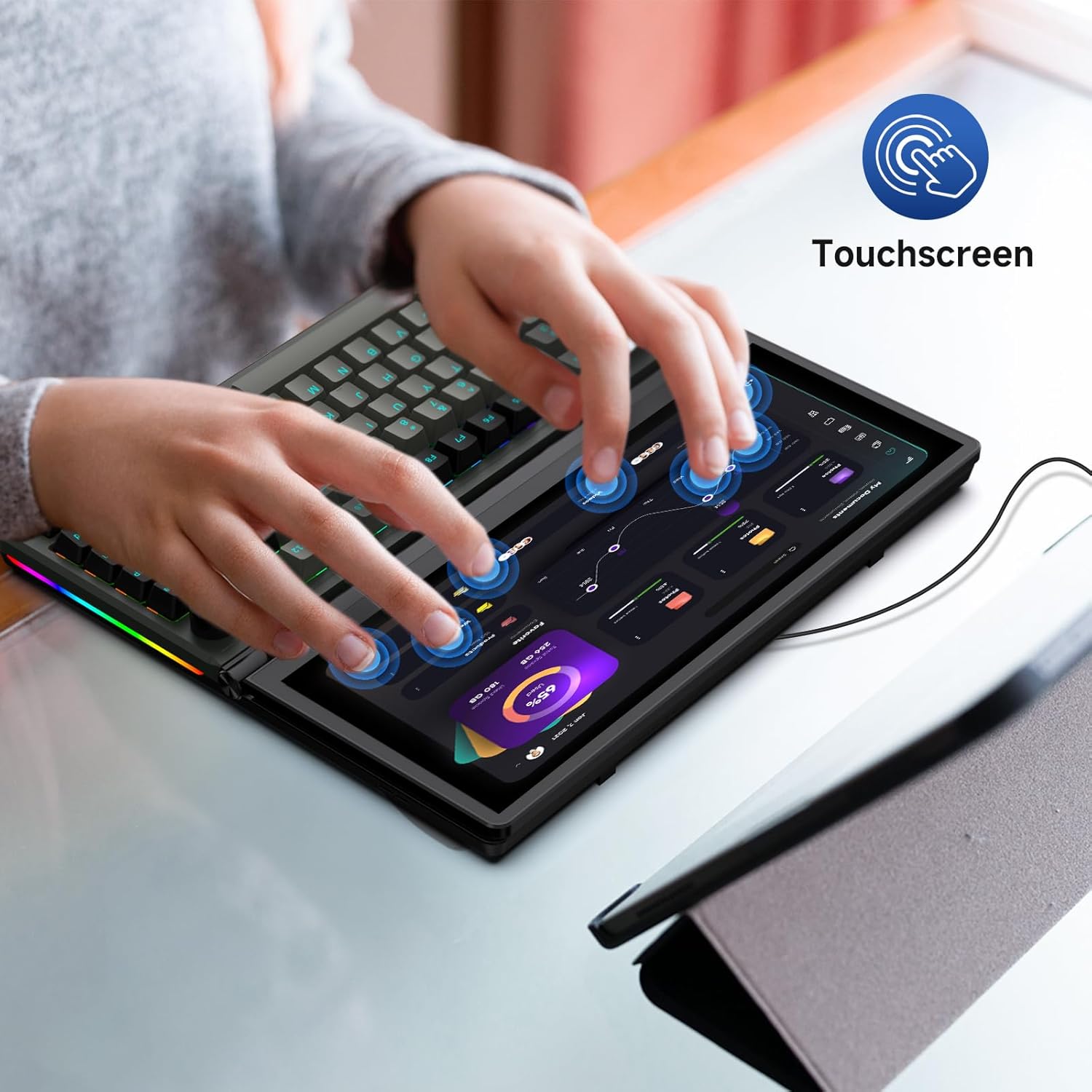 Kwumsy K3 – Teclado mecánico externo con pantalla táctil de 13 pulgadas, 82 teclas, plegable, de 0 a 90 grados, portátil, USB, con cable RGB,