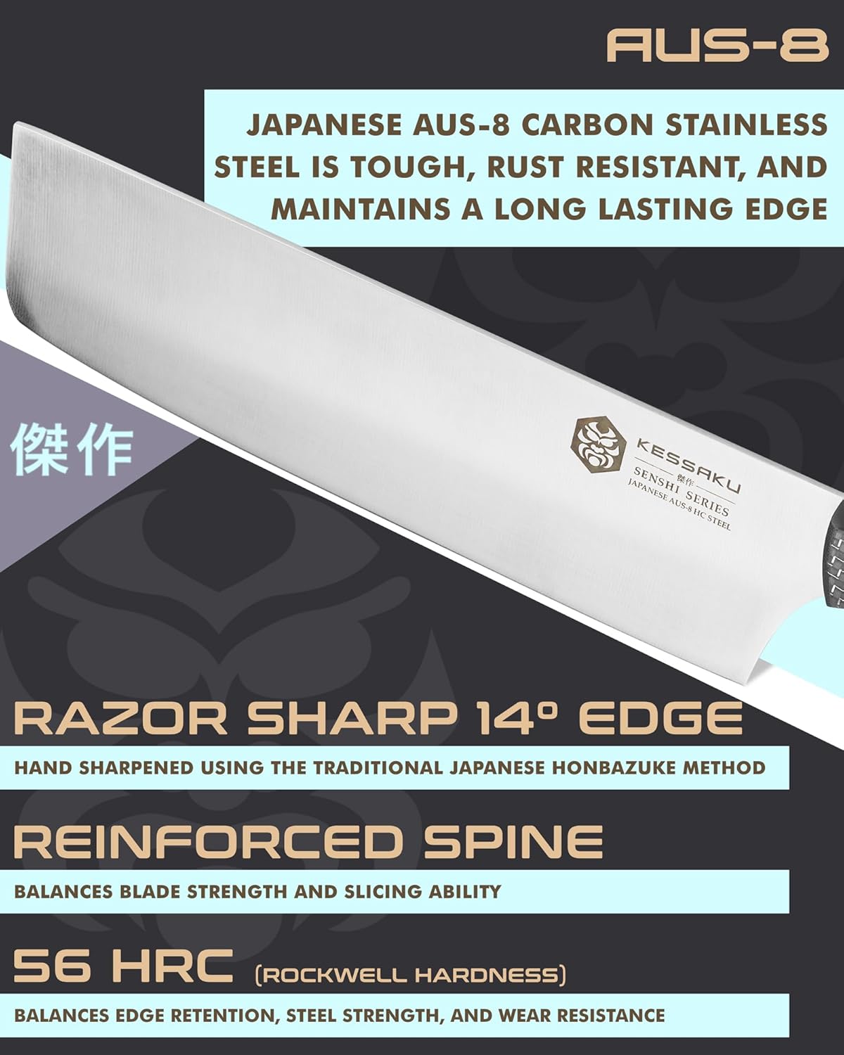 KESSAKU Cuchillo Nakiri para verduras de 8 pulgadas, serie Senshi, acero inoxidable japonés forjado AUS-8 de alto carbono, mango de fibra de carbono