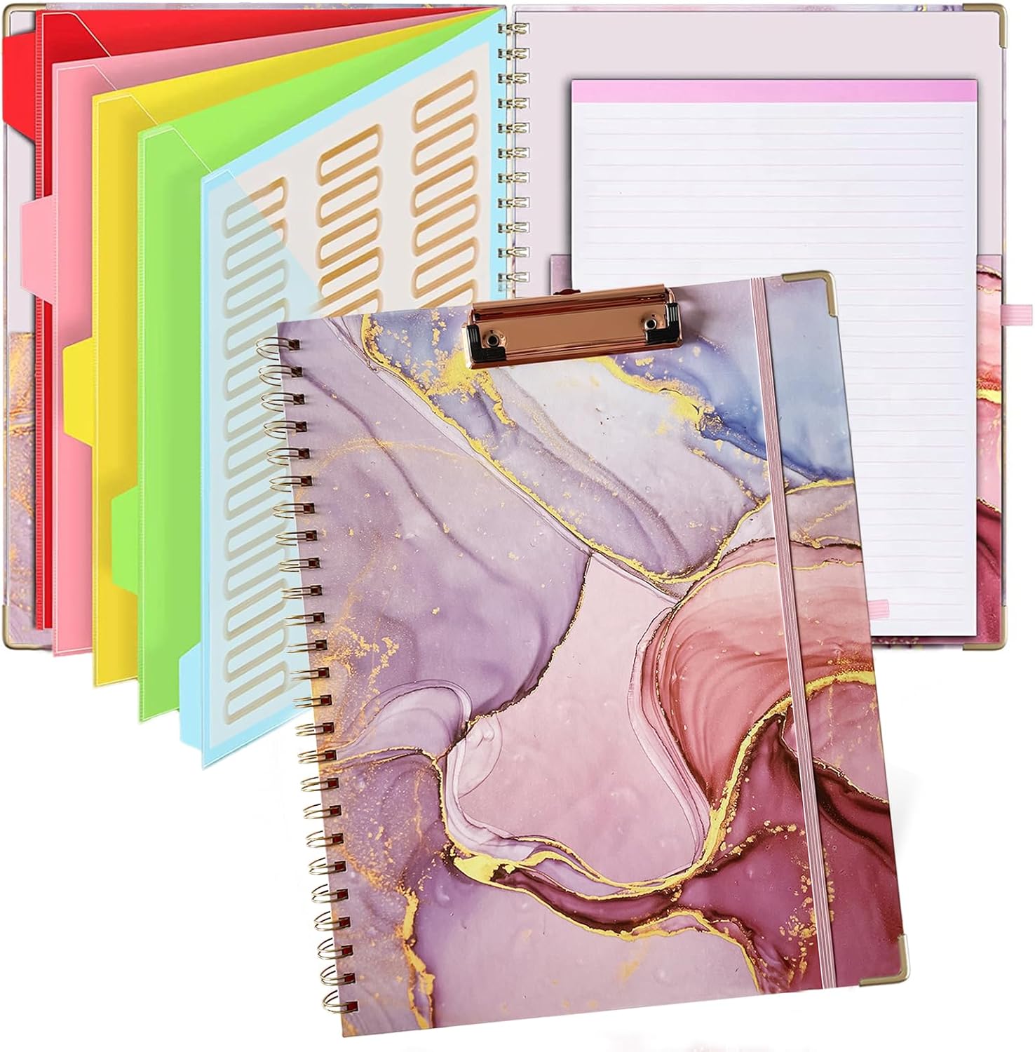 Folio portapapeles con bloc de notas y bolsillo, portapapeles con bloc de notas forrado recargable, 5 divisores con almacenamiento 10 bolsillos,