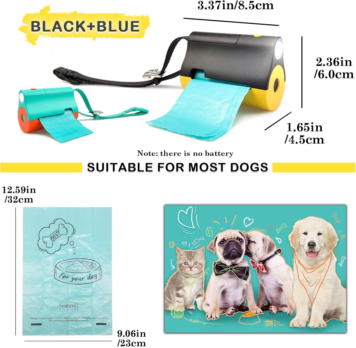 Soporte 3 en 1 para bolsas de excremento de perro con linterna LED integrada para correa y clip de metal para colgar bolsas usadas, dispensador de