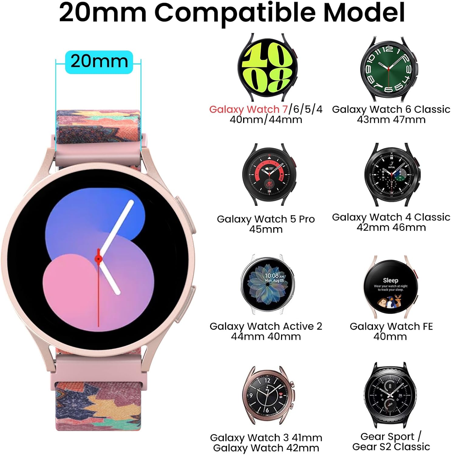 Delidigi Bandas elásticas compatibles con Samsung Galaxy Watch 7654 de 1.575 pulgadas, 1.732 pulgadas, Watch 6 Classic de 1.732 pulgadas, Watch 5