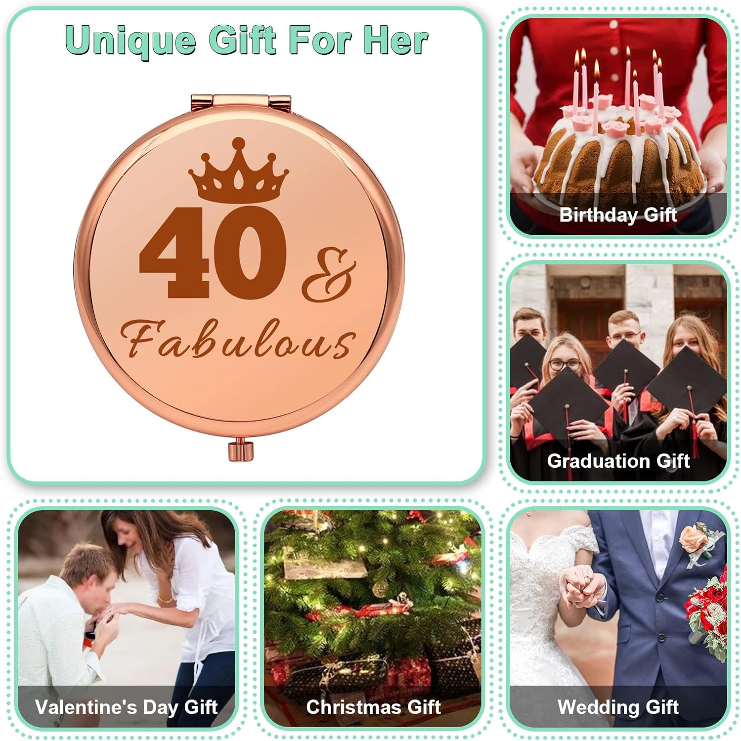 Regalos de cumpleaños número 40 para mujeres, regalos de cumpleaños de 40 años para mujeres, espejo de maquillaje compacto para mamá, esposa, tía,