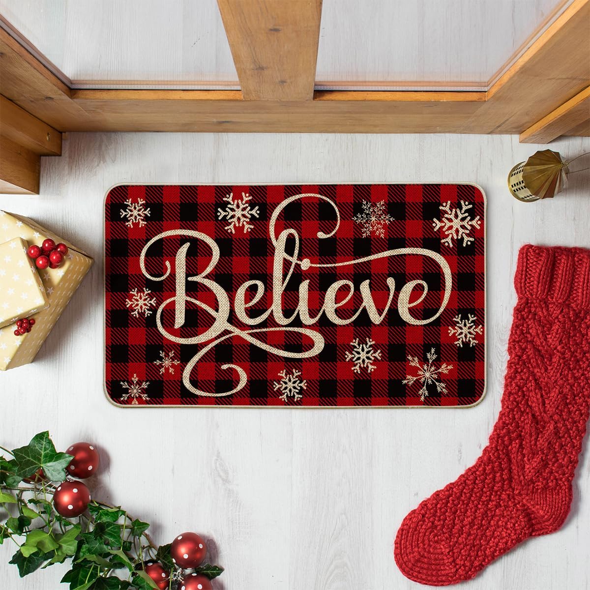Artoid Mode Buffalo Plaid Snowflake Believe – Felpudo decorativo de bajo perfil, para interiores y exteriores, 17 x 29 pulgadas