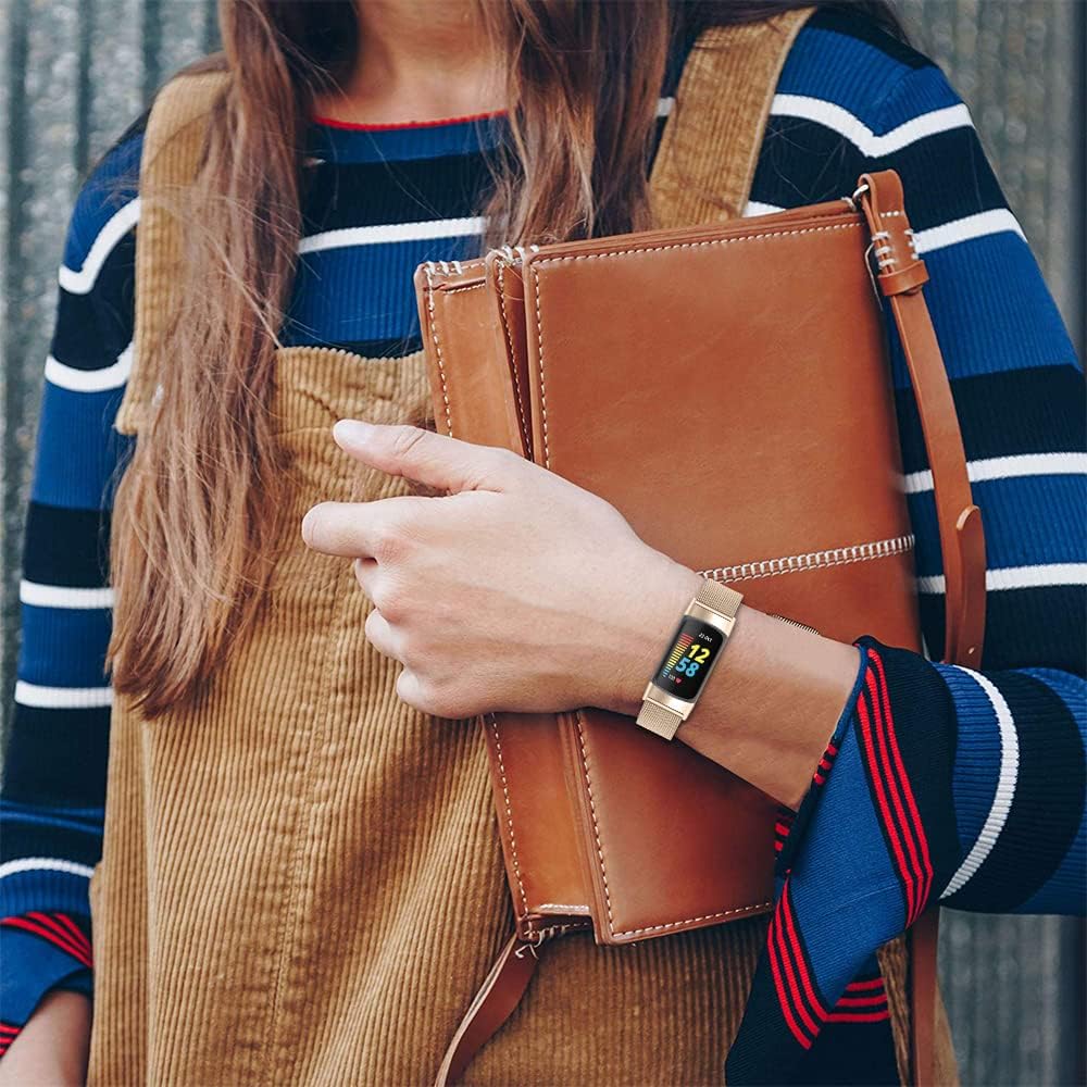 FitTurn Correa delgada para reloj inteligente Fitbit Charge 6Charge 5, correa de reloj ajustable de malla de acero inoxidable, correa femenina de