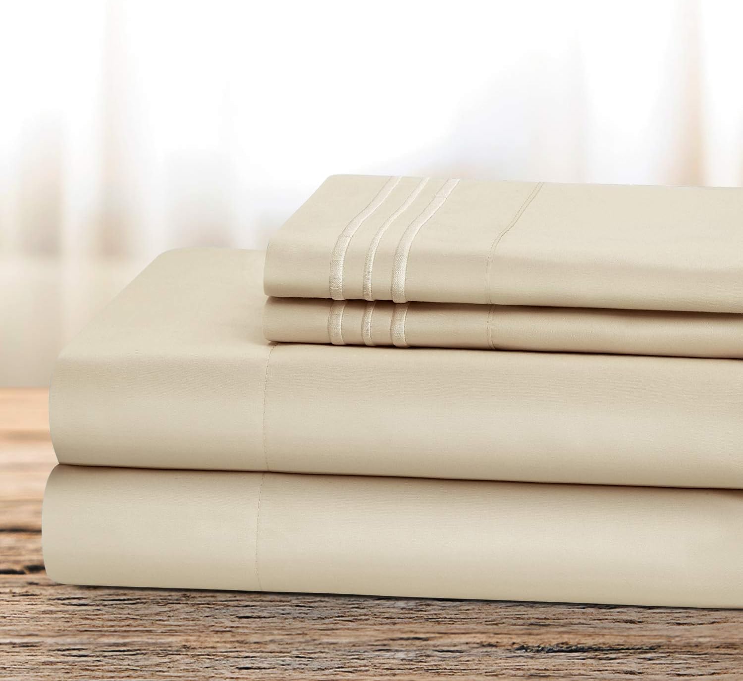 BYSURE Juego de sábanas de hotel con 2 fundas de almohada bordadas (tamaño matrimonial, crema), sábanas de microfibra de bolsillo profundo de 15