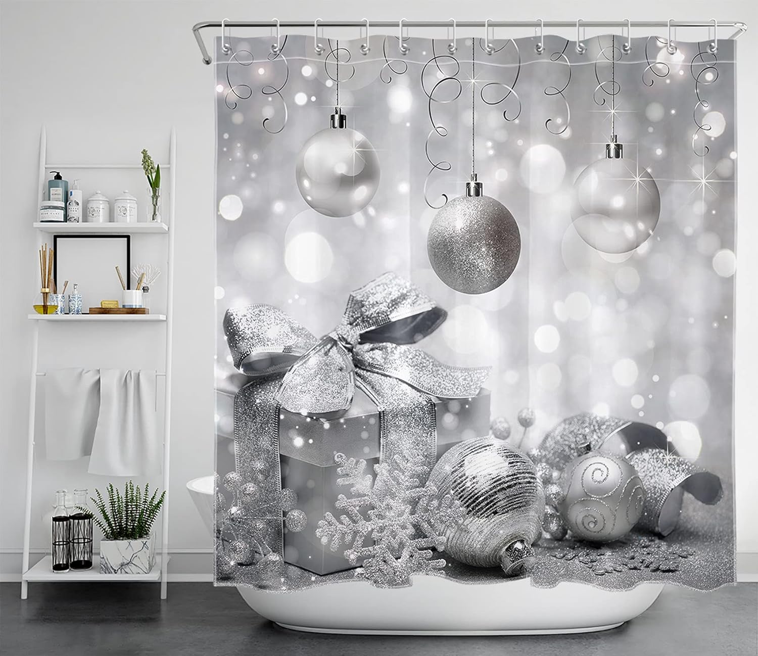 LB Cortina de ducha de Feliz Navidad, bolas plateadas, copos de nieve, regalo de Año Nuevo, cortinas de ducha para baño, cortina de baño plateada,