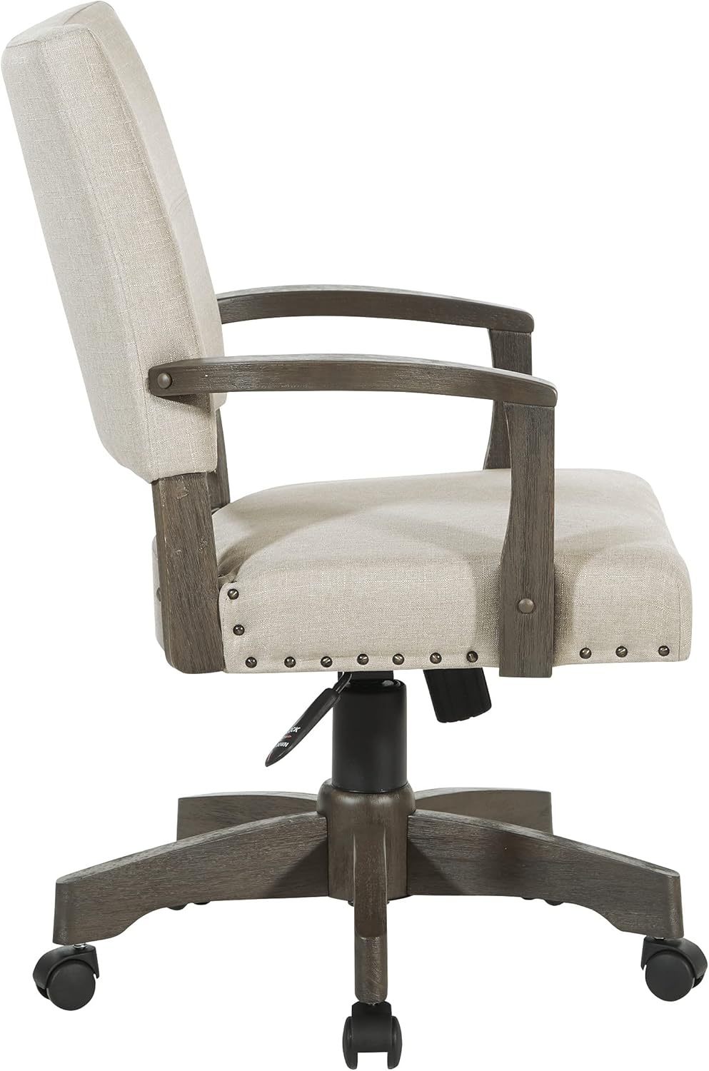 OSP Home Furnishings Santina – Silla de escritorio acolchada con costuras francesas a medida y ribete de cabeza de clavo, brazos de madera maciza y