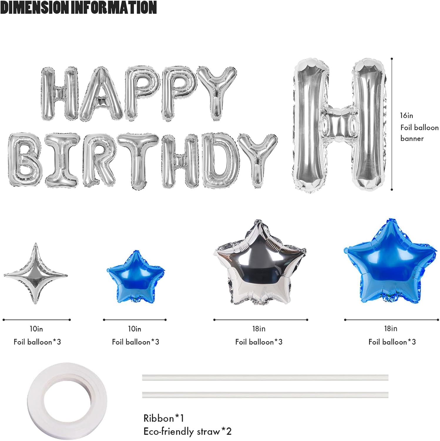 Cartel de feliz cumpleaños, 13 letras de papel de aluminio de Mylar de 16 pulgadas con 12 globos de estrella, decoraciones de fiesta de cumpleaños