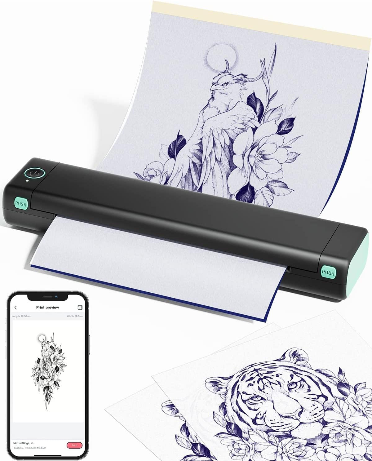 Impresora de plantillas de tatuaje, impresora portátil inalámbrica Bluetooth, 10 hojas de papel de transferencia gratuita, kit de impresora de